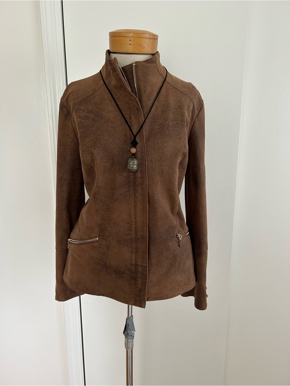 Chico’s Vegan Suede Leather Moto Jacket Lace Sleeve Design, Front zipper pockets